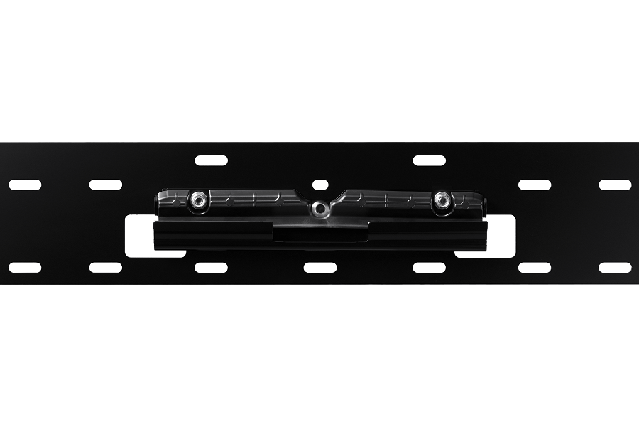 Black metal TV mount bracket with multiple holes for installation. White background.