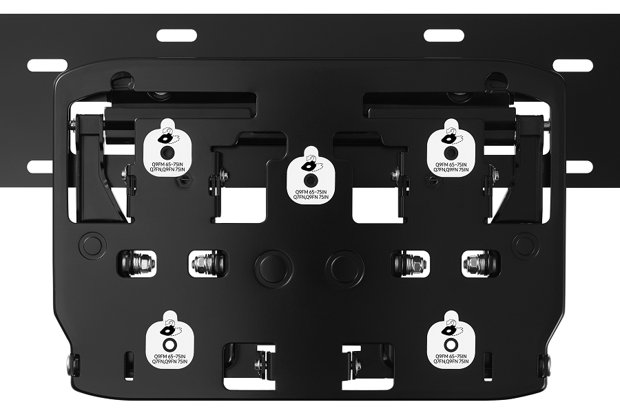 Black metal mounting bracket for a TV with mounting holes and labels.