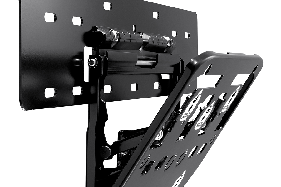 Black TV mount with a hinged panel. The mount is on a white background.