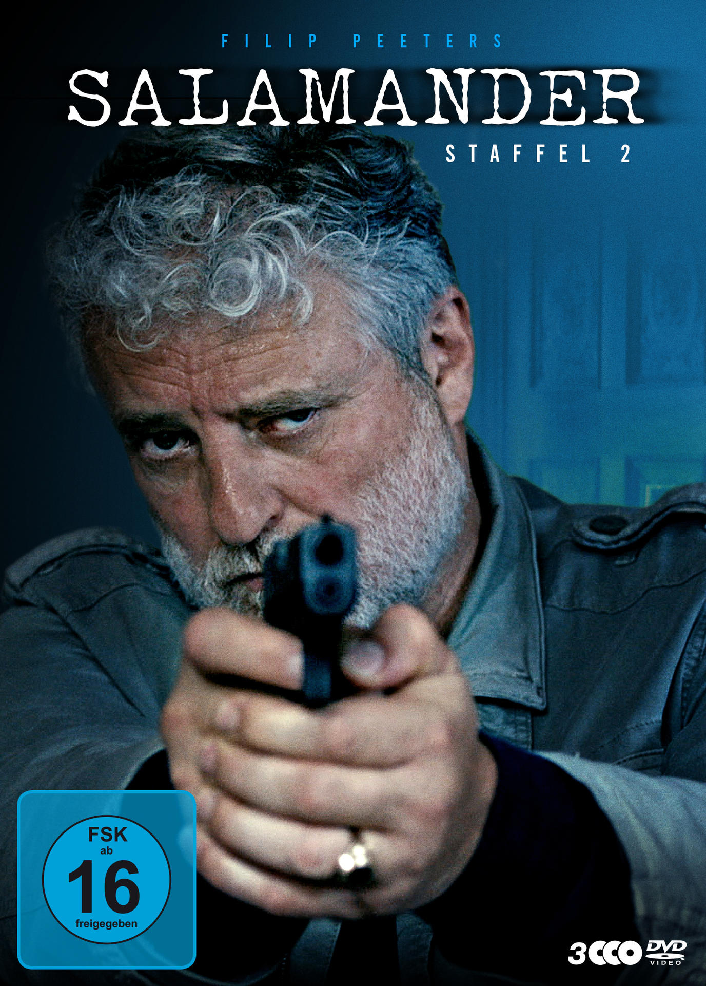 DVD-Cover: Ein Mann mit grauem Haar zielt mit einer Pistole. Der Titel ist Salamander. Die Bewertung ist 16.