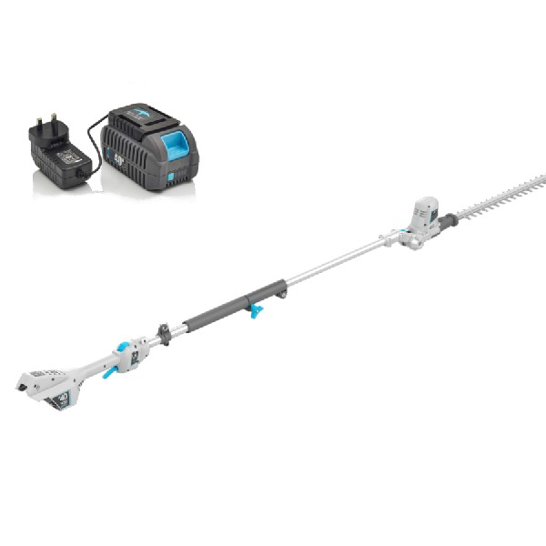 Cortasetos eléctrico con batería y cargador. Tiene un largo alcance y una combinación de colores gris, azul y negro.