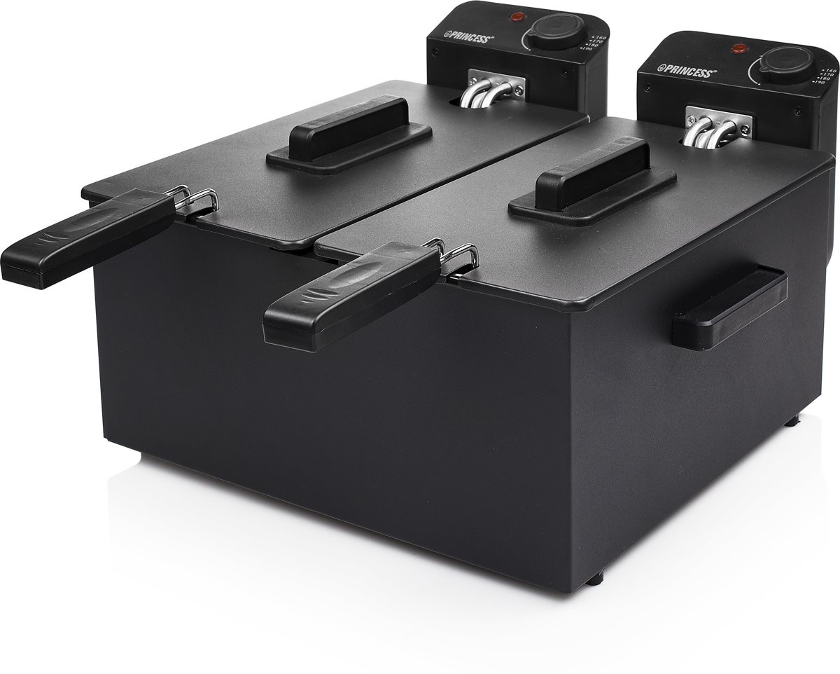 A black double deep fryer with two handles, with the brand name on top.