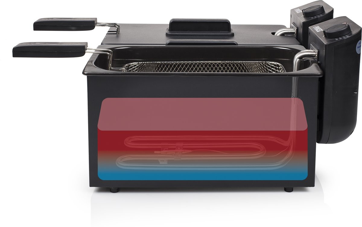 Black deep fryer with heating element visible. Red/blue color gradient inside.