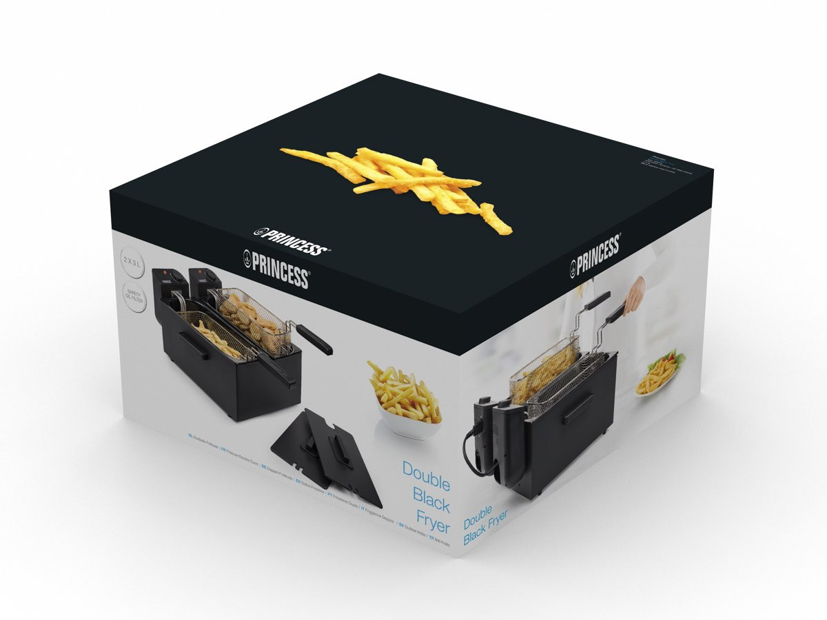 Box of a black double fryer with fries, and images of the fryer in use.