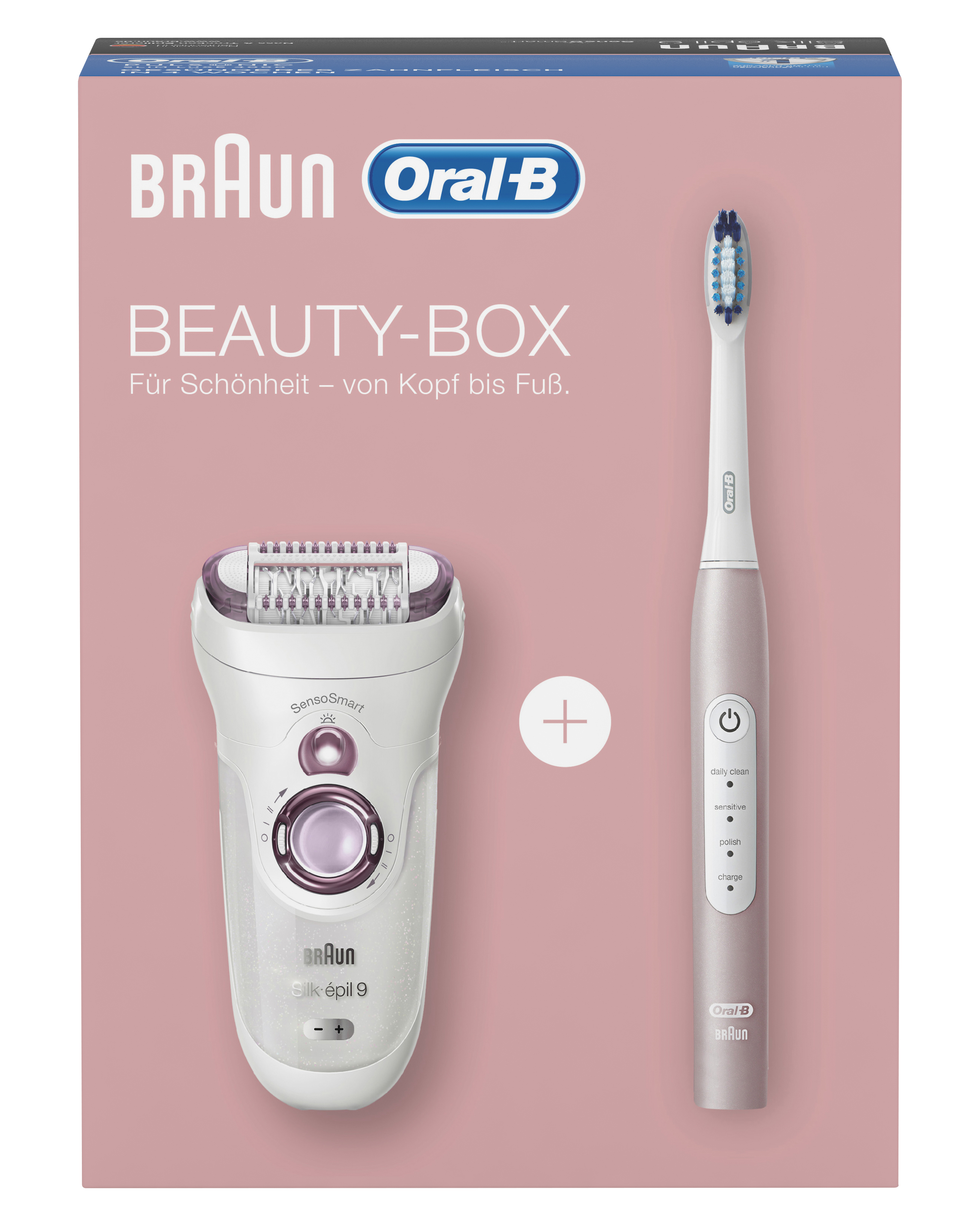 Eine Braun Beauty Box mit Epilierer und Zahnbürste auf weißer Oberfläche.