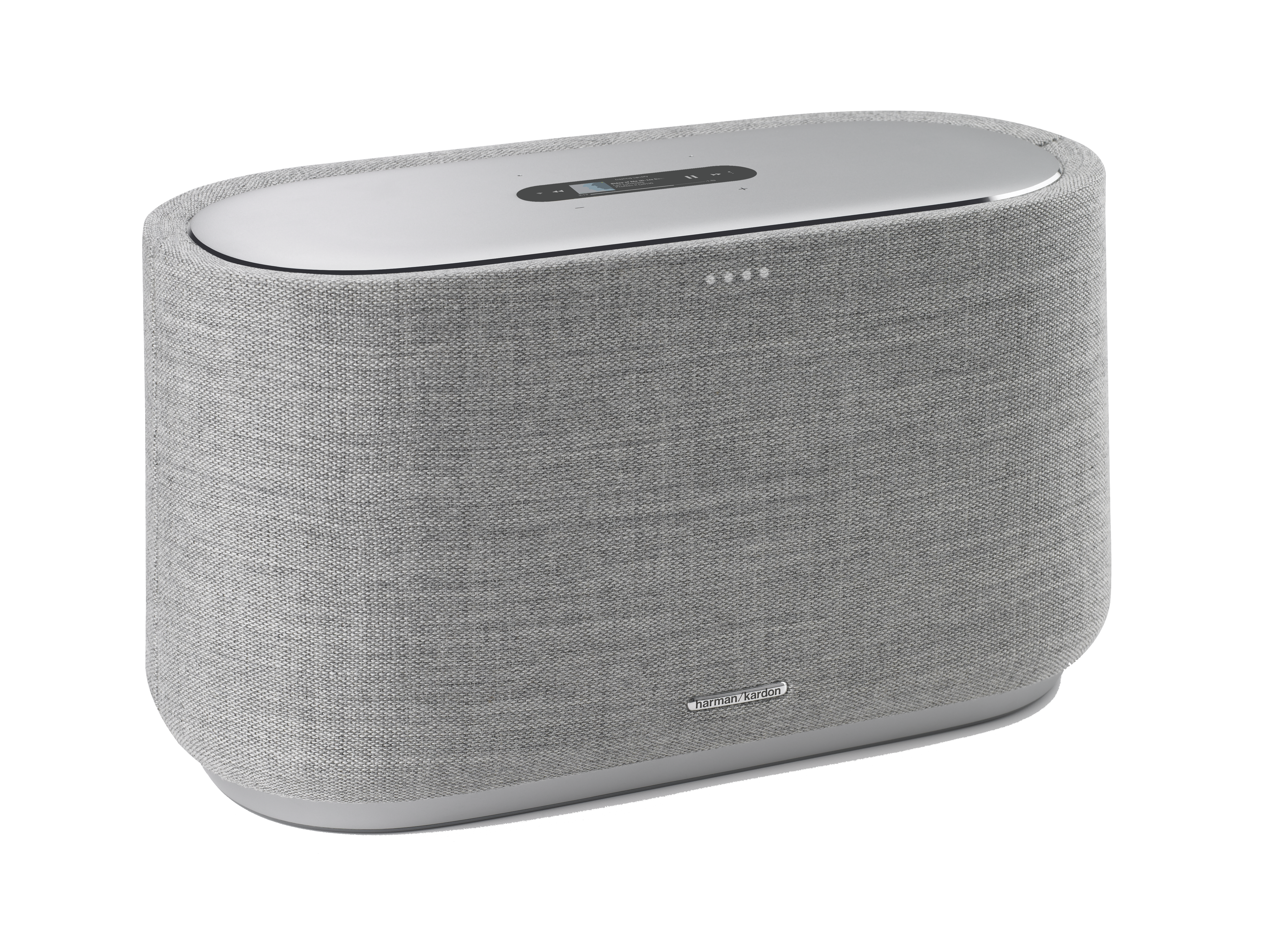 Grijze speaker met zilveren bovenkant, witte lampjes en logo.