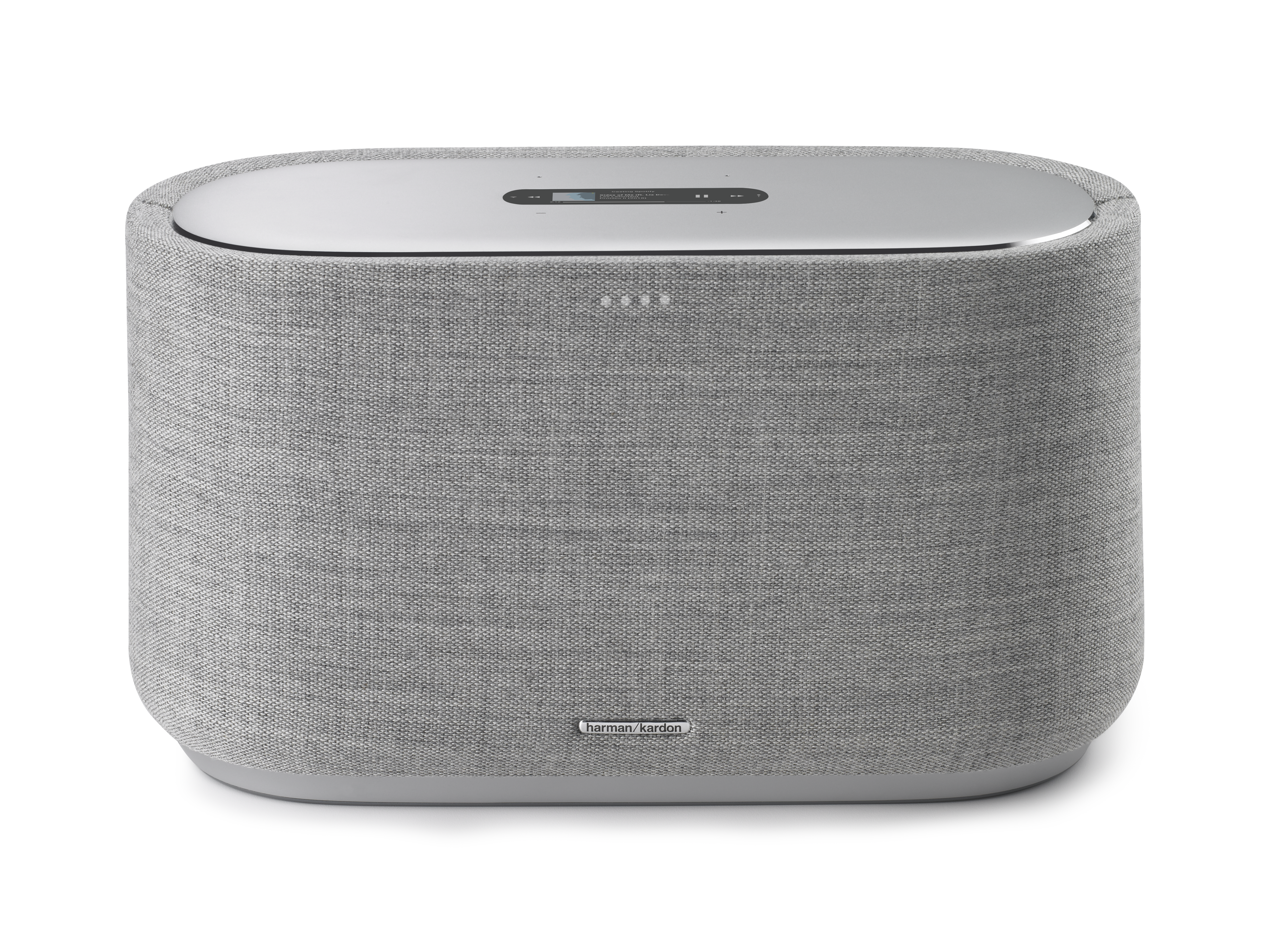 Een grote grijze luidspreker met een zilverkleurige bovenkant en het Harman Kardon-logo.