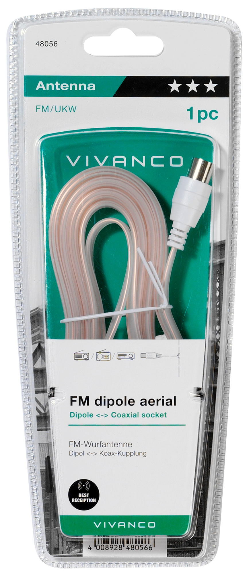 Verpackung für ein Antennenkabel. Das Kabel ist beige, weiß und klar, mit einem weißen Stecker.