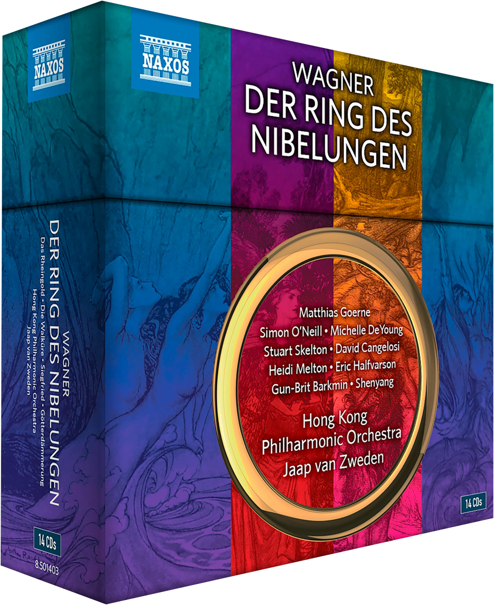 Eine Box-Set für Wagners Der Ring des Nibelungen mit Text und Bildern.