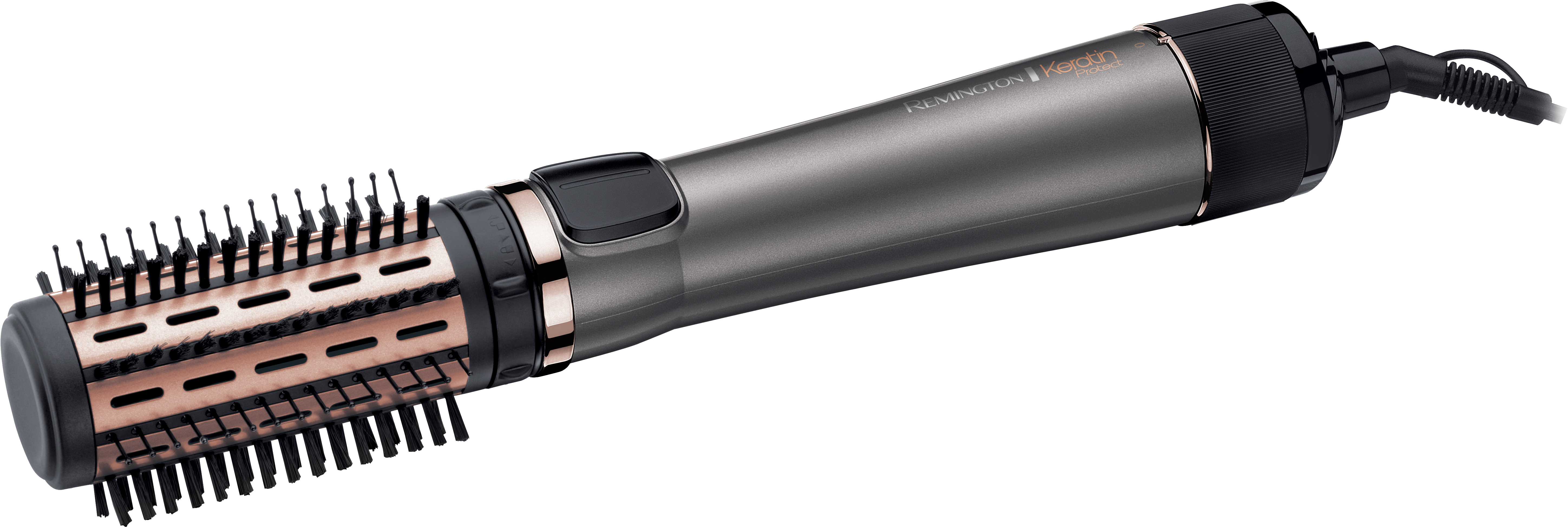 Remington Keratin Therapy haarstyler met een roterende borstel en een grijze behuizing.