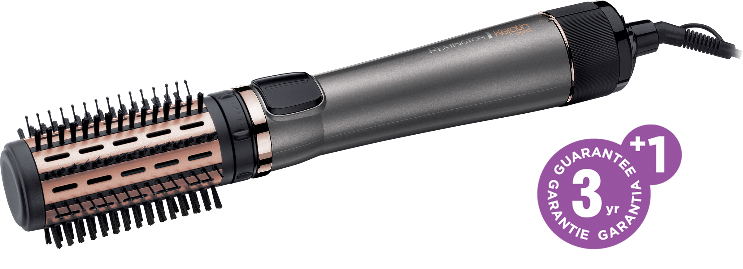 A grey and bronze Remington hair styler with a 3-year guarantee sticker.