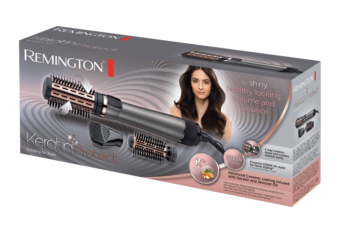 A Remington Keratin Protect hair styler box with a woman's image.
