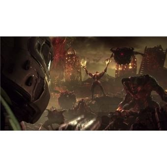 Una escena de un videojuego. Una figura sostiene fuego en un entorno oscuro, con criaturas y estructuras.
