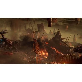 Escena apocalíptica con edificios destruidos y fuego.