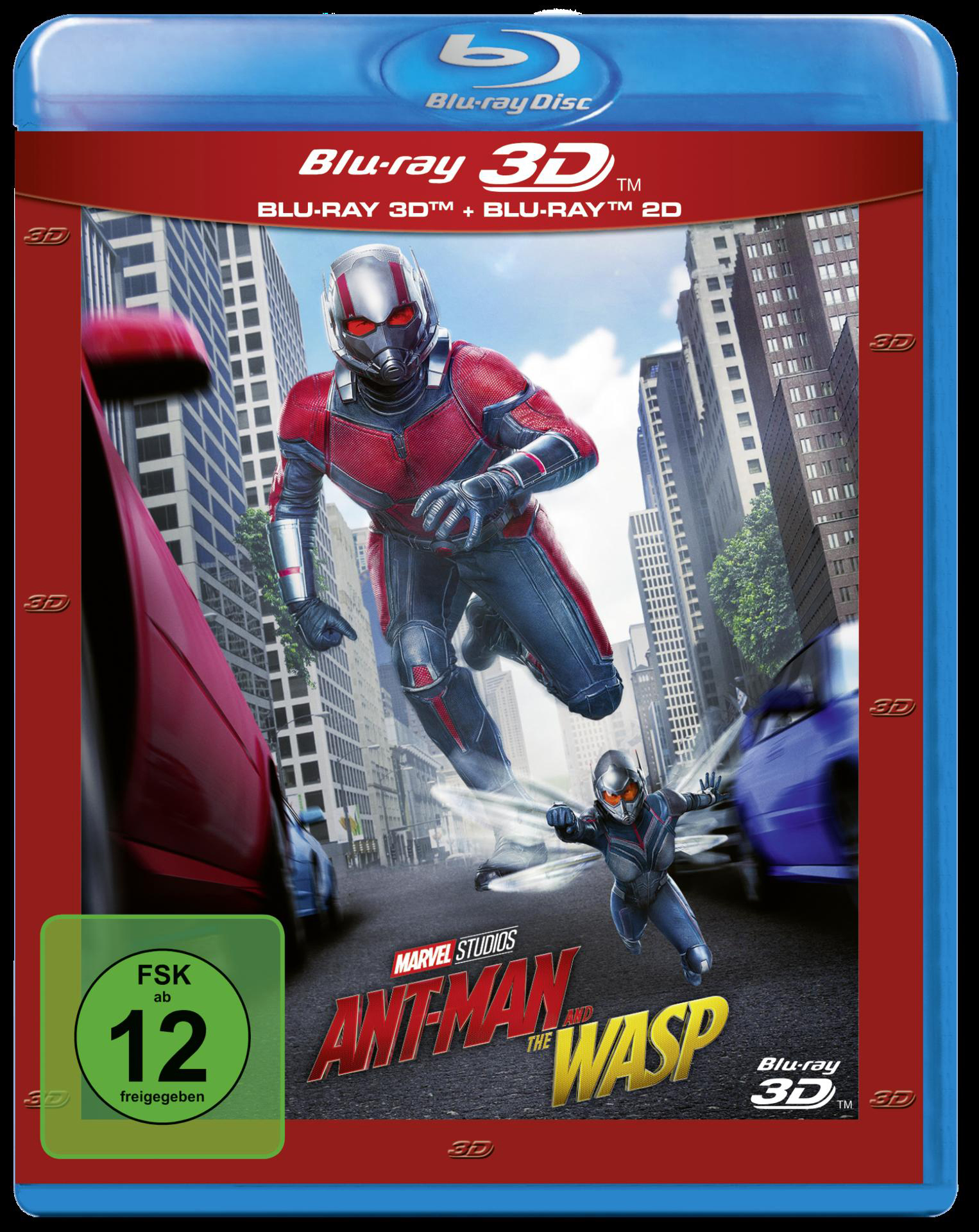 Blu-ray-Cover: Ant-Man and the Wasp. Charaktere in Superheldenanzügen, die über eine Stadt fliegen.