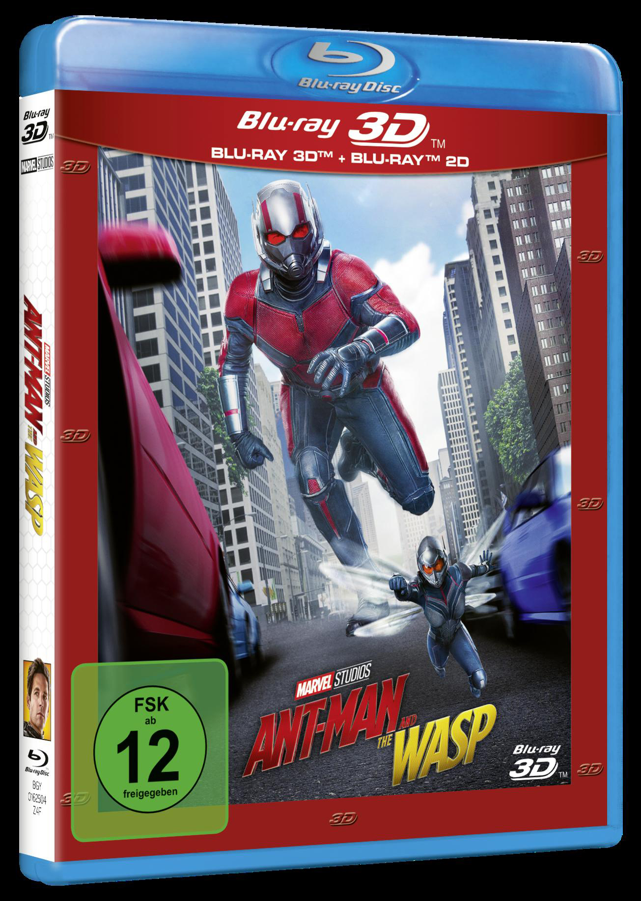 Blu-ray-Cover für 'Ant-Man and The Wasp'.  Enthält Ant-Man, die Wespe und eine Stadtlandschaft.