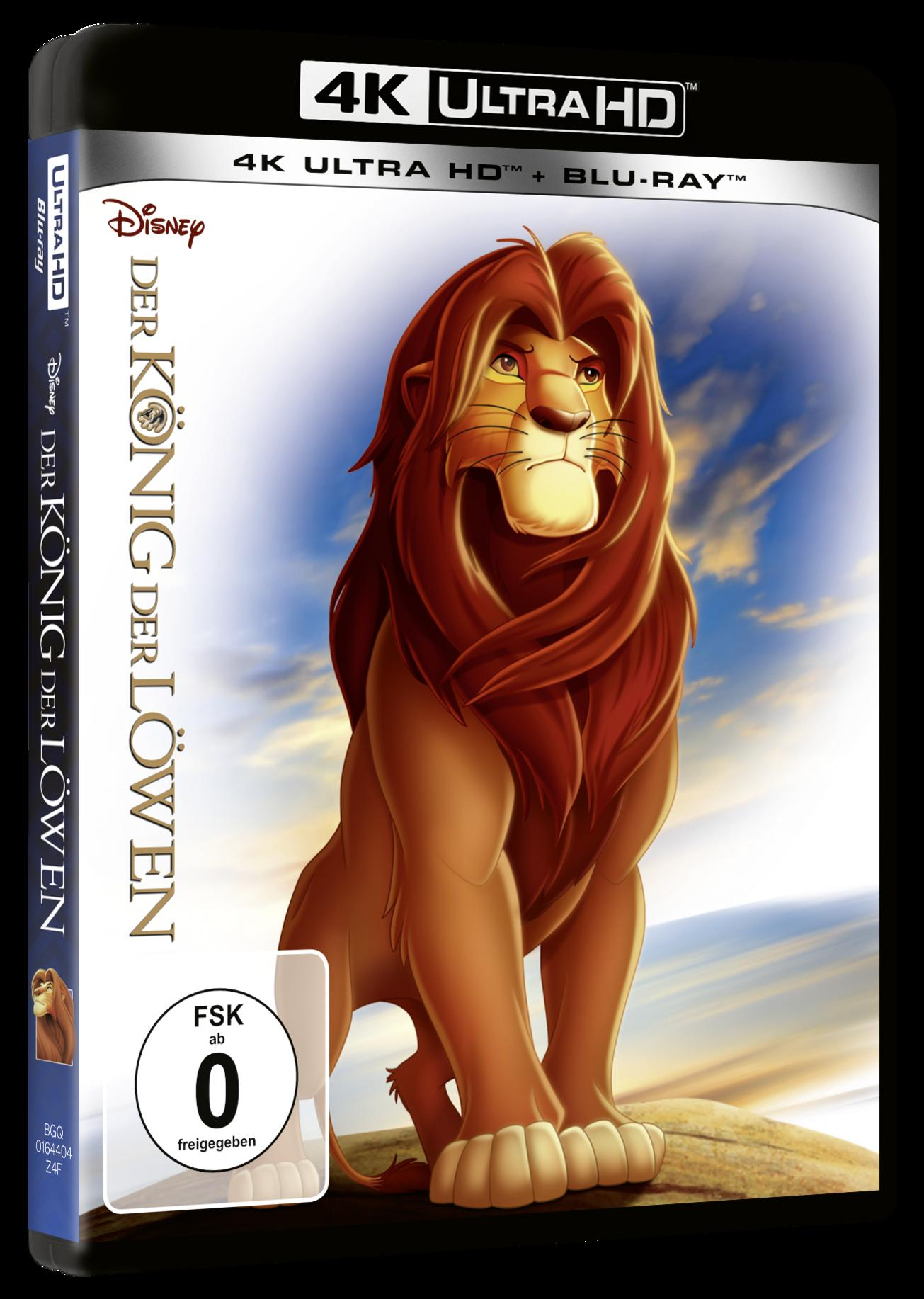 Die König der Löwen Blu-ray-Cover. Ein Löwe steht im Mittelpunkt. Der Text ist auf Deutsch.