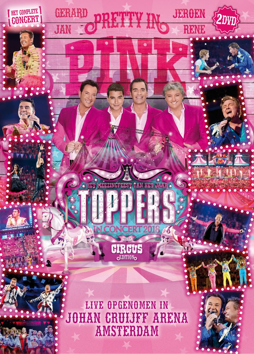 DVD-hoes voor 'Toppers in Concert 2018'. Toont meerdere mensen in roze outfits op een roze achtergrond.