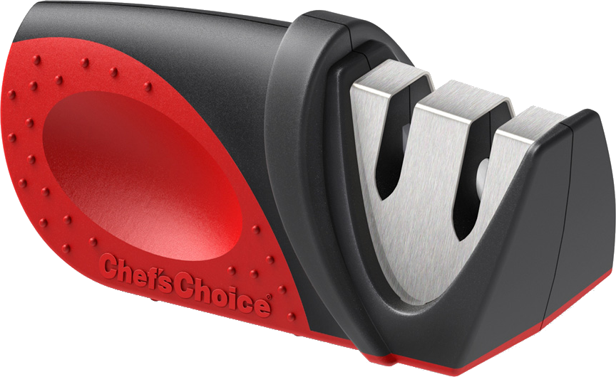 Chef's Choice messenslijper. Zwart en rood met twee slijpsleuven en rode handgreep.