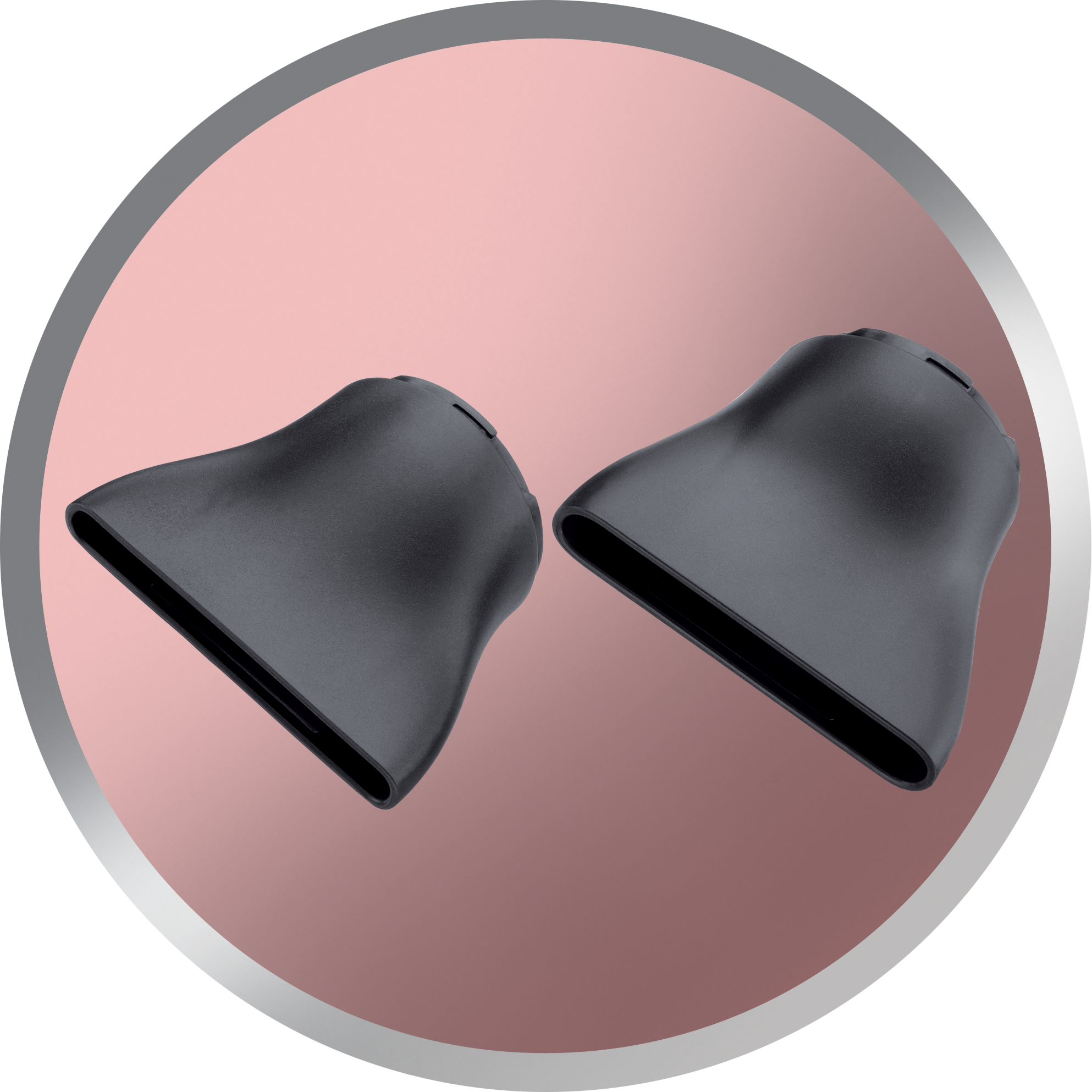 Two black hairdryer nozzles on a pink circle background.