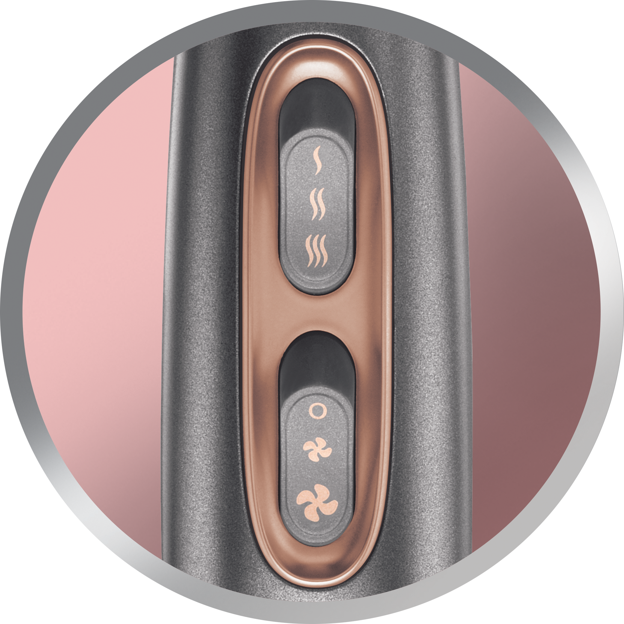 Close-up of a hair dryer control panel. Two buttons, one for heat and another for fan speed, in a rose gold accent.