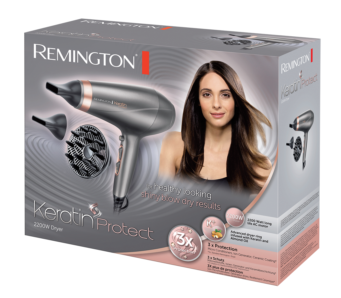 Box with Remington hair dryer and woman's image. Accessories shown. Text says 'Keratin Protect'.