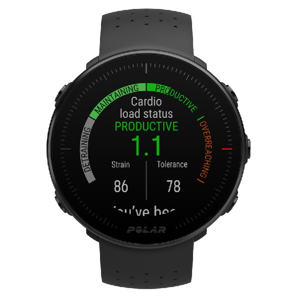 Smartwatch negra con pantalla redonda. Muestra el estado de la carga cardíaca: Productivo, esfuerzo 86, tolerancia 78.