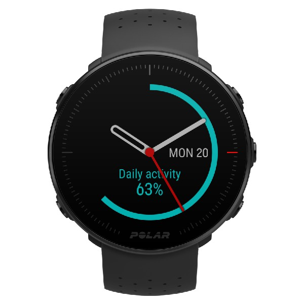 Reloj inteligente Polar negro con 63% de actividad diaria. Muestra la fecha y tiene una correa negra.