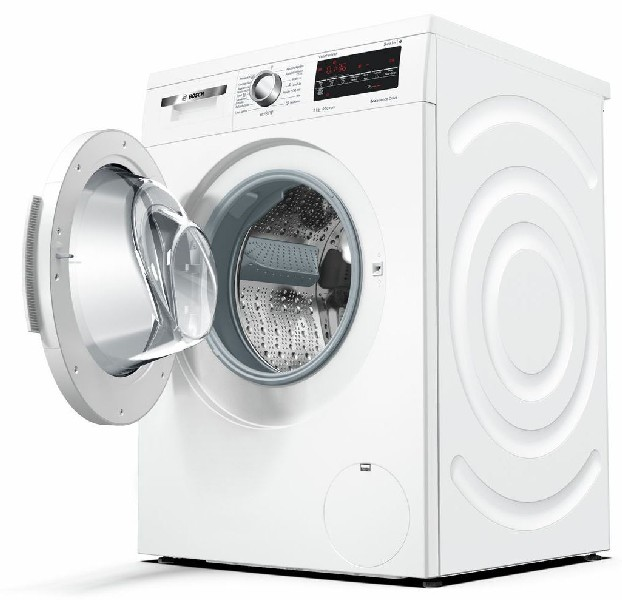 Lavadora blanca con puerta abierta, mostrando el tambor interior. La máquina está sobre un fondo blanco.