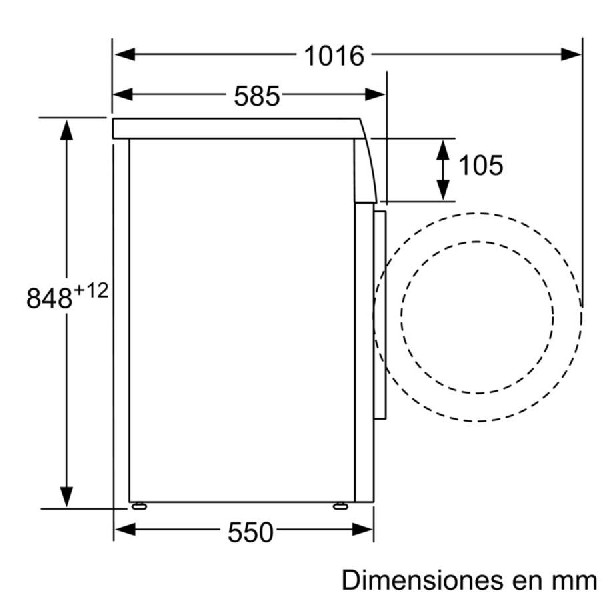 Vista lateral de un refrigerador Bosch. Muestra dimensiones en mm, con vista lateral.