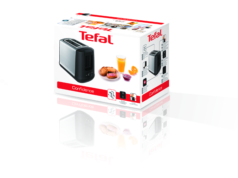 Tefal Confidence kenyérpirító doboz. Ezüst és fekete kenyérpirító kép, pirítós, lé és gyümölcs képekkel. Fényvisszaverő felület.