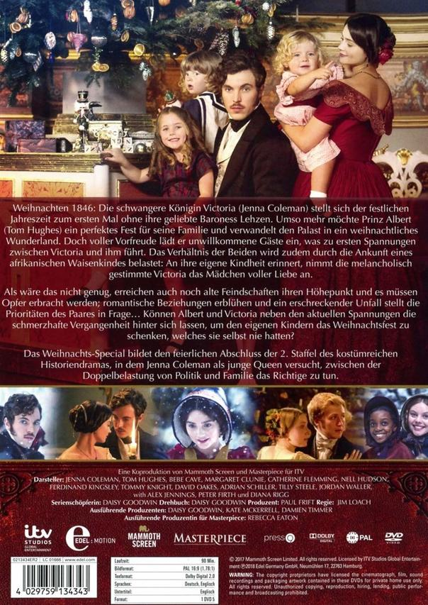 Ein Filmcover mit einer viktorianischen Familie, einem Weihnachtsbaum und Text über den Film.