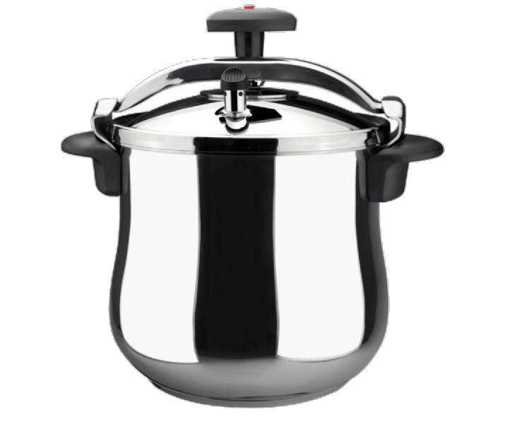 Una olla a presión de acero inoxidable con asas y tapa negras.