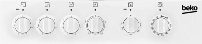 Panel de control de horno Beko blanco con perillas y símbolos de temperatura y funciones.