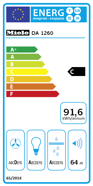 Etiqueta energética para una campana extractora Miele DA 1260. Muestra la eficiencia energética y otra información.