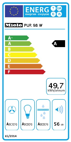 Etiqueta energética Miele, que muestra la calificación de eficiencia energética y otros datos.