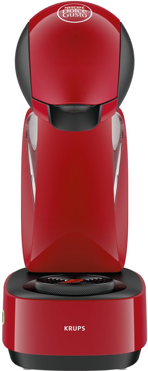 Een rood-zwarte Krups koffiemachine. De machine heeft een strak design met een watertank en een draaiknop. Het Dolce Gusto logo staat bovenaan.