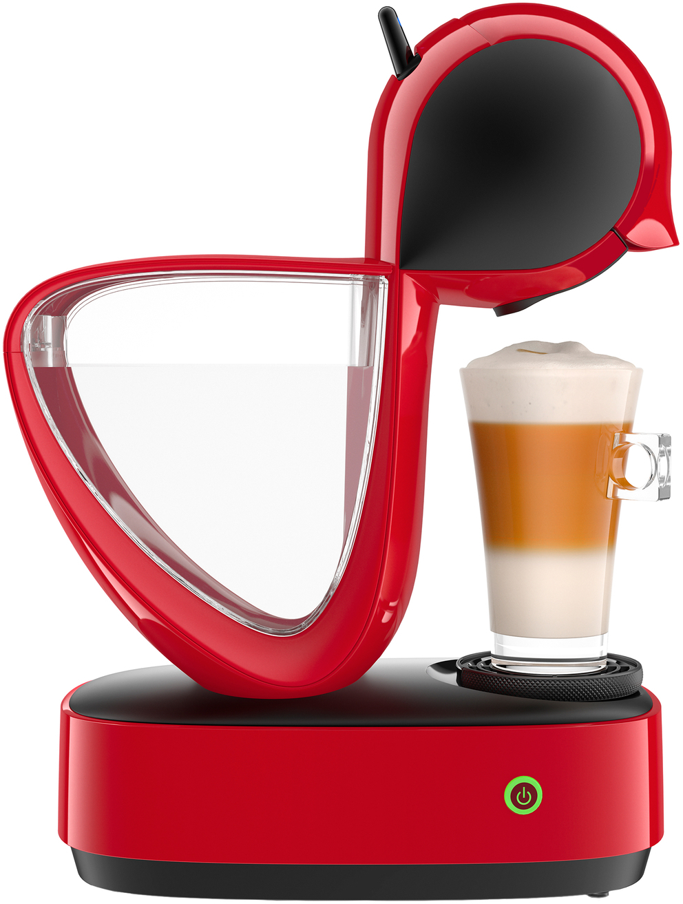 Rode koffiemachine met watertank en een latte macchiato in een glas. De machine heeft een aan/uit-knop.