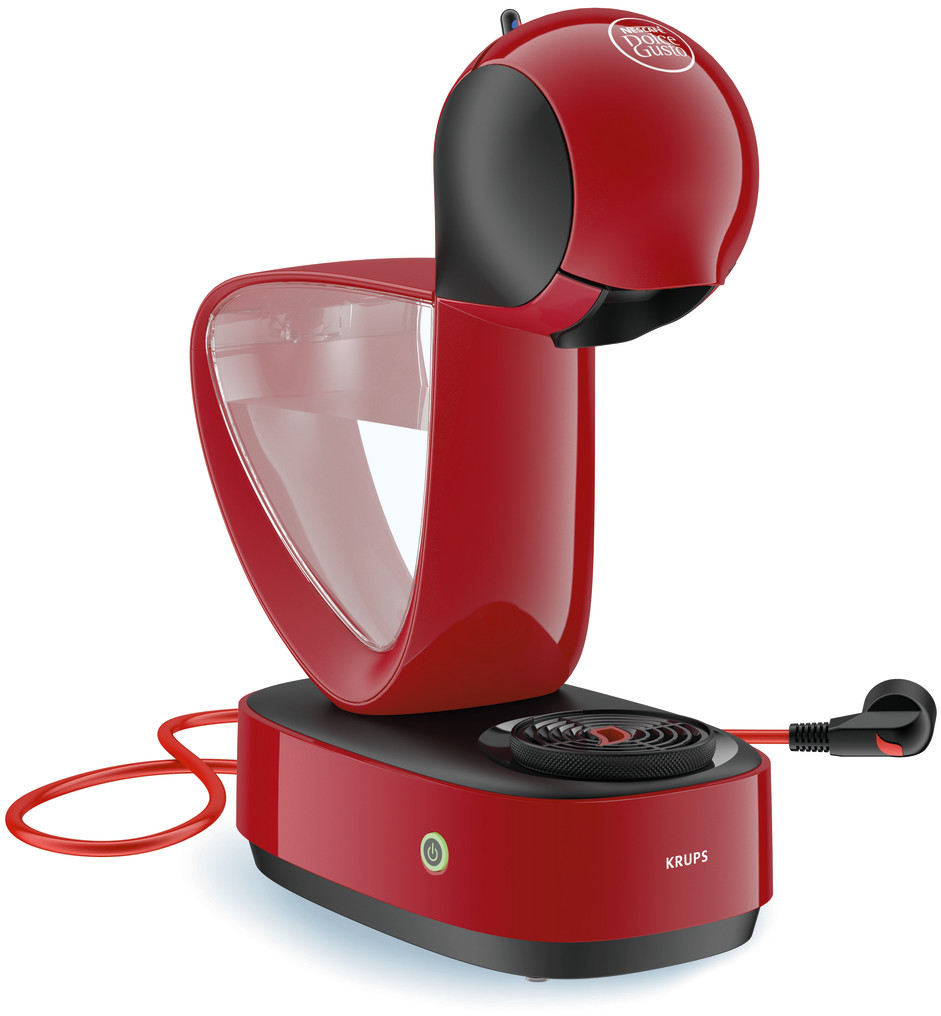 Een rode Krups Dolce Gusto koffiemachine. Het heeft een zwart deksel, watertank en een netsnoer.