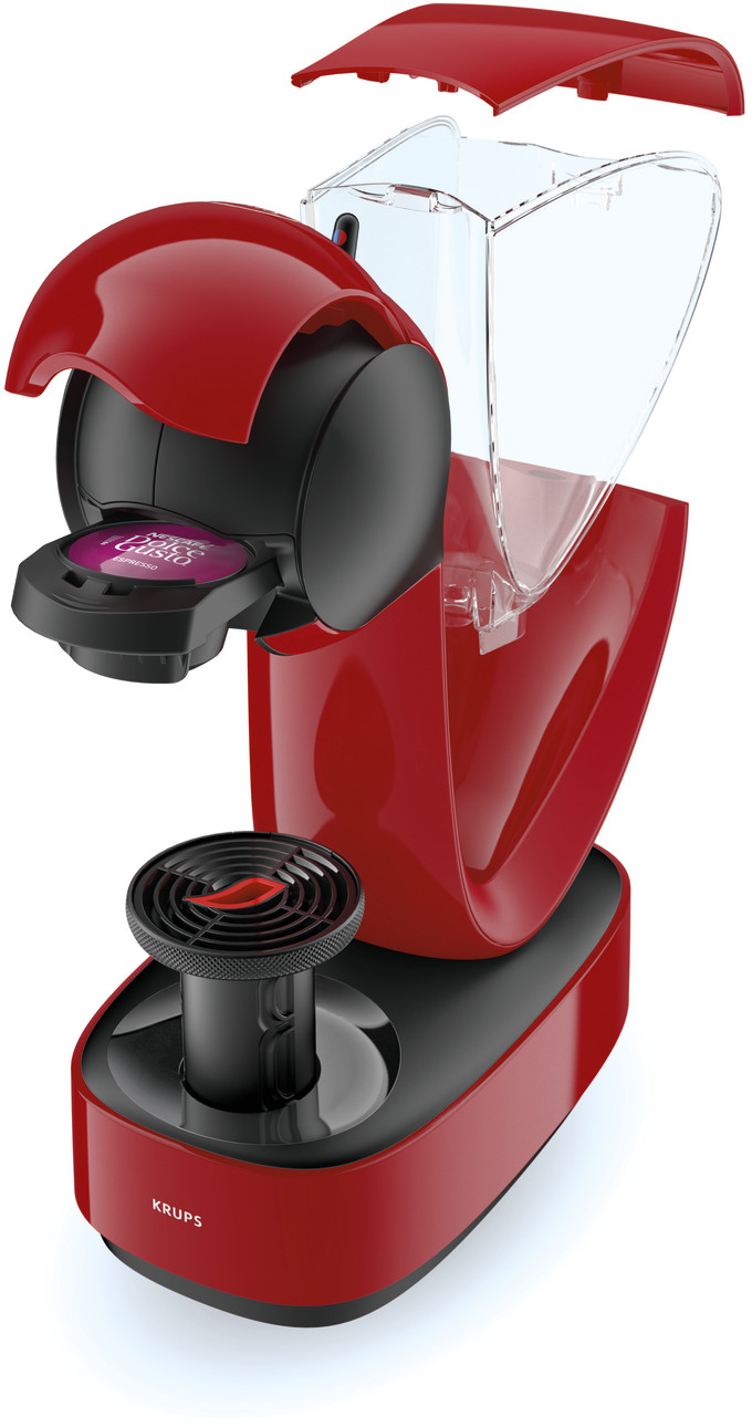 Rode en zwarte Krups Dolce Gusto koffiemachine. Het heeft een capsulehouder, een watertank en een lekbakje. De bovenklep is open.