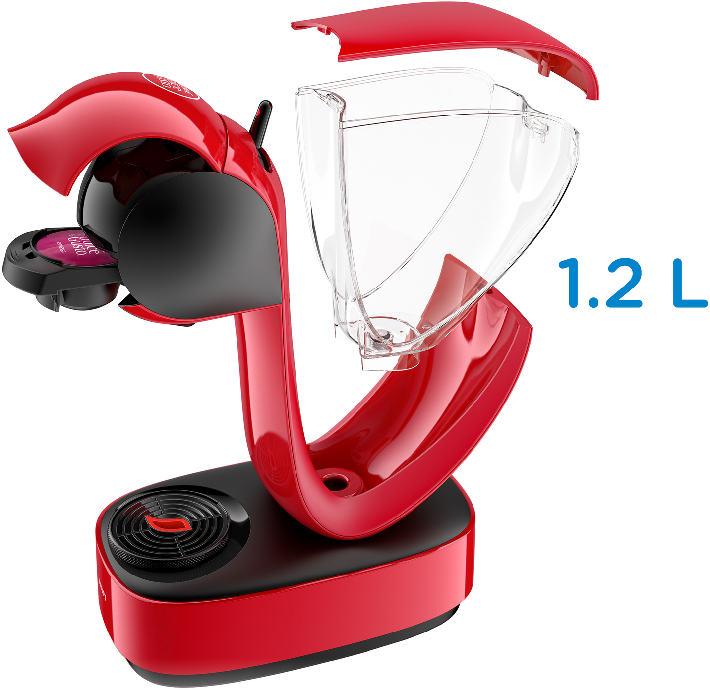 Rode en zwarte Dolce Gusto koffiemachine, met een transparante watertank. Een capsule zit in de machine. 1,2 L tekst is zichtbaar.