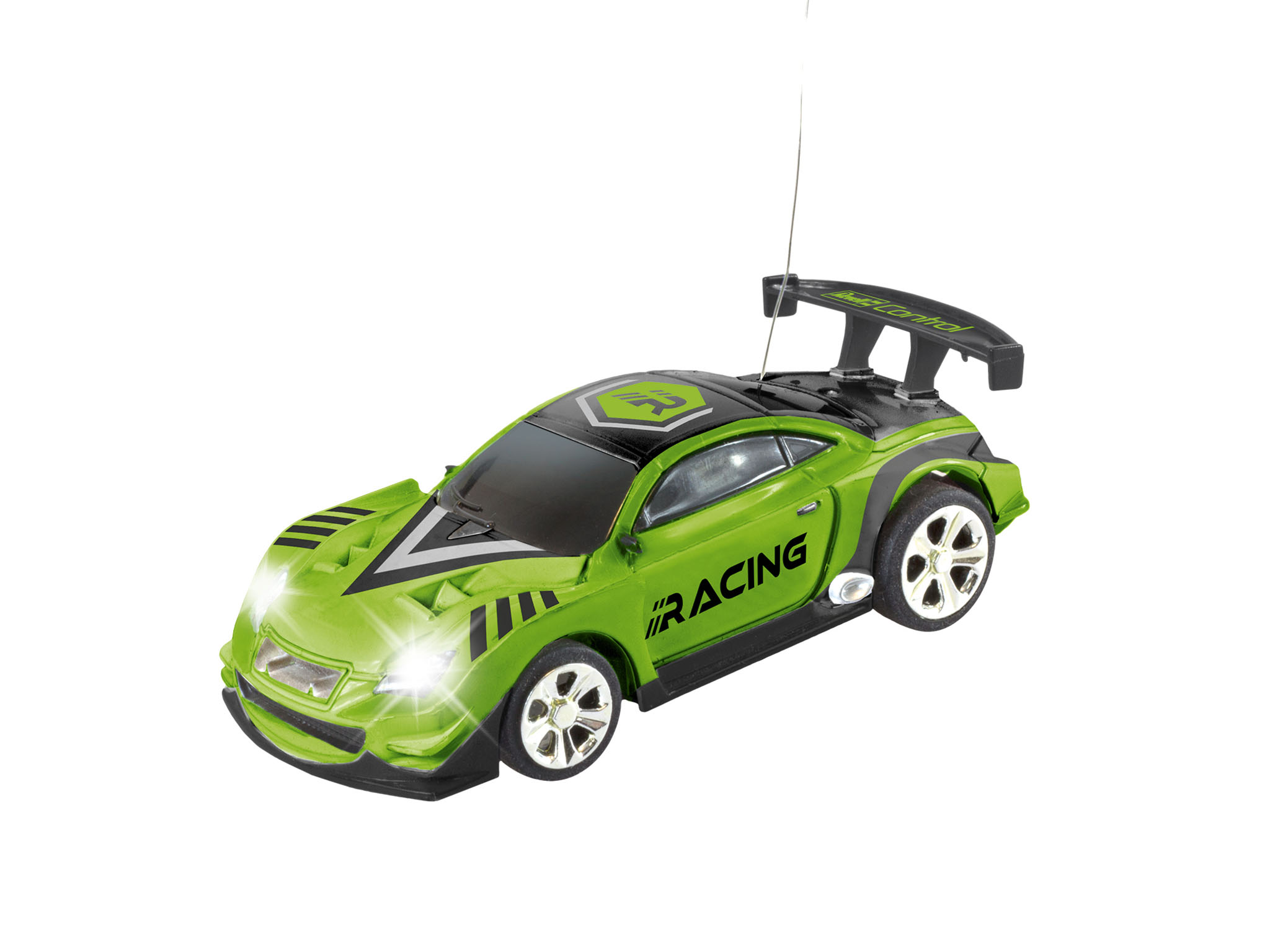 Grünes und schwarzes ferngesteuertes Auto mit eingeschalteten Scheinwerfern und Spoiler.