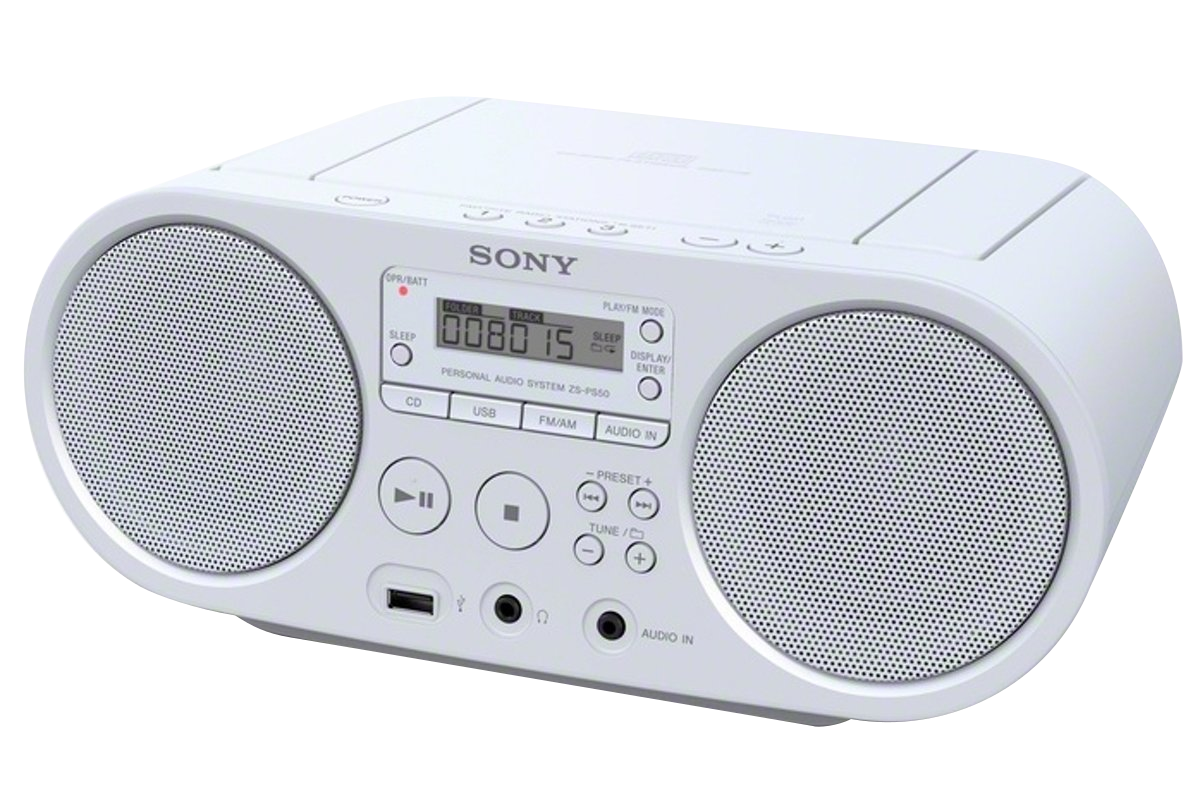 Fehér Sony személyi audiorendszer. Hangszórói, CD-lejátszója és vezérlőgombjai vannak.
