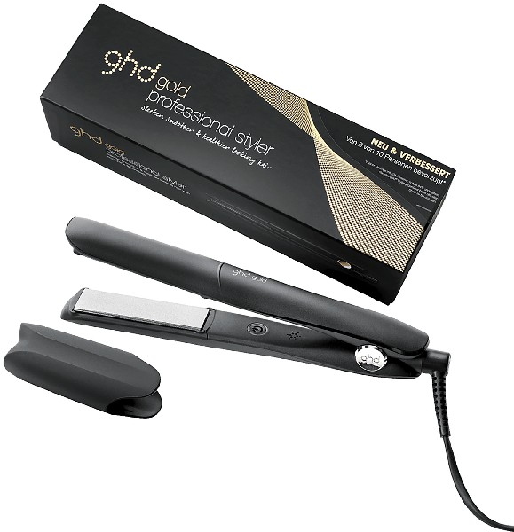 Plancha de pelo GHD negra con caja negra y funda resistente al calor negra.