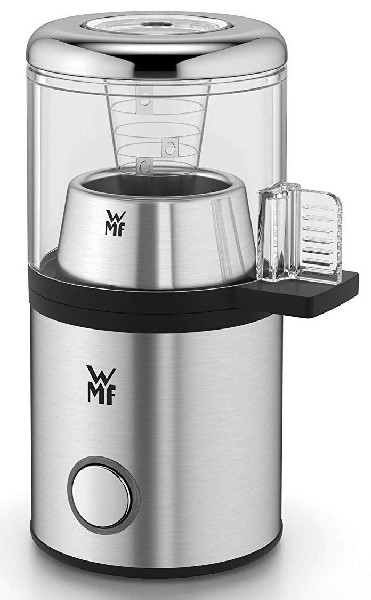 Una cafetera de acero inoxidable con tapa transparente y una taza pequeña.