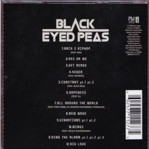 Dos d'une pochette d'album noire avec liste des titres et texte. Fond blanc.