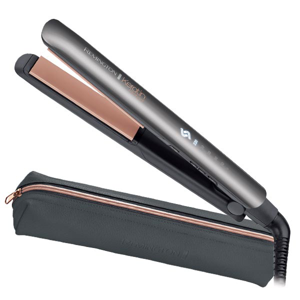 Een grijze Remington stijltang met bijpassende etui. De platen zijn koperkleurig.