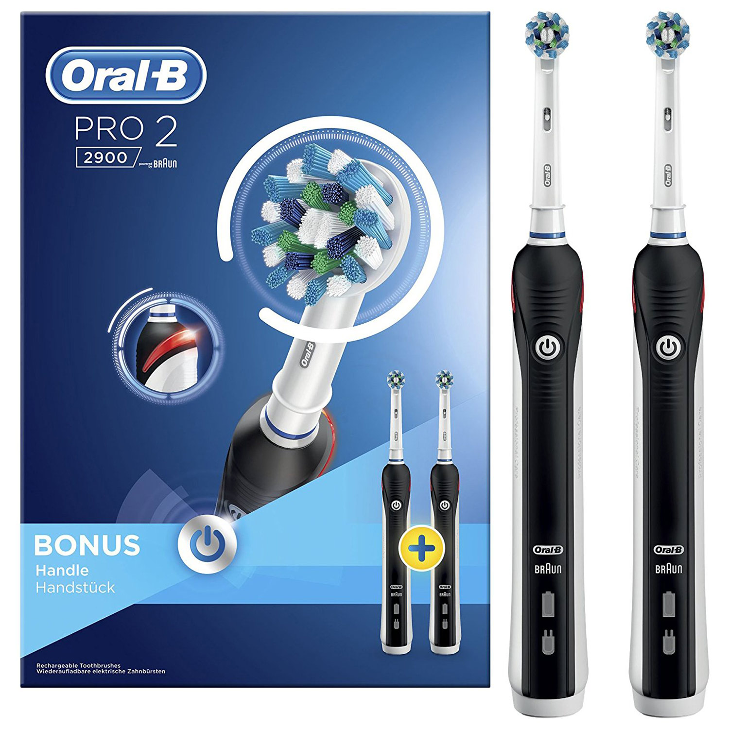 Cepillo eléctrico - Oral-B PRO 2900 Duplo, 2 modos, Limpieza 3D, Recargable, 2 cepillos, Negro