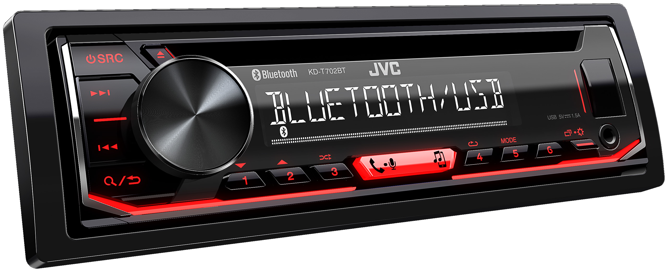 Car stereo with buttons and a display screen, a volume knob and a USB port.