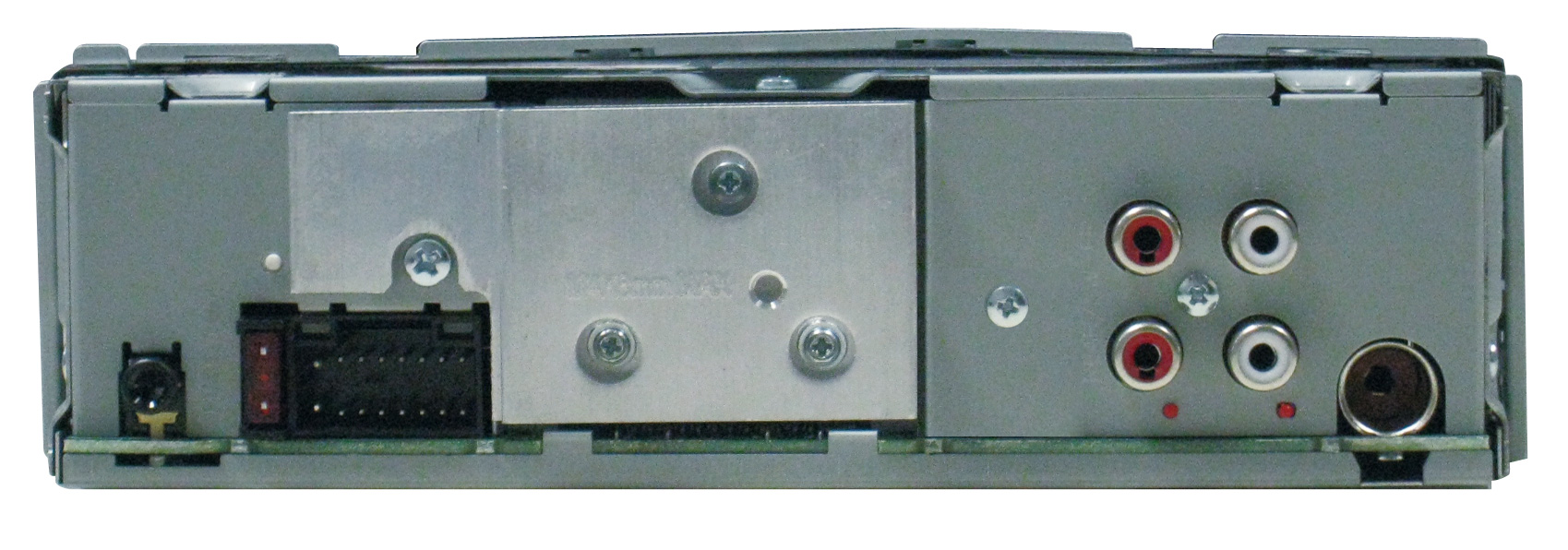 Rear view of a car stereo showing connectors, screws, and various ports. Silver metal with black and red details.
